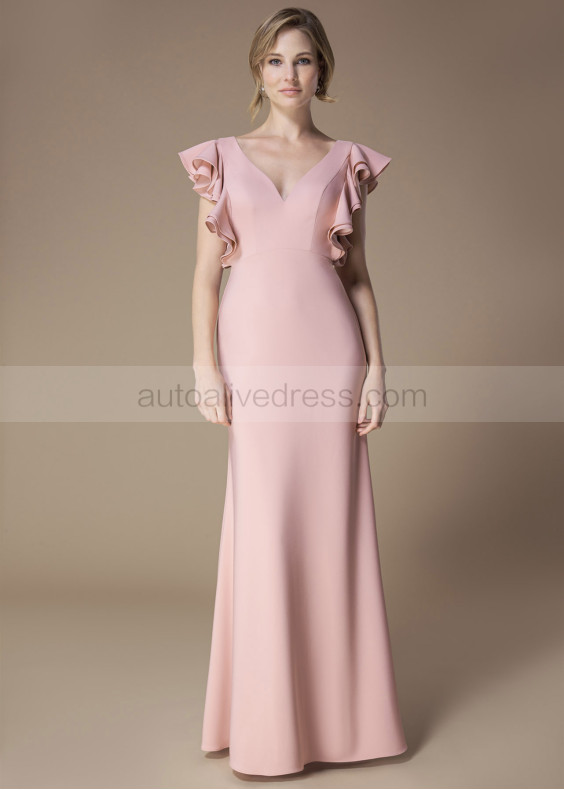 Ruffle Sleeve Rose Satin Crepe Bridesmaid Dress